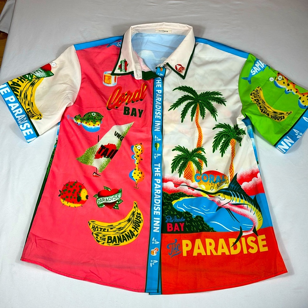 Sunday Up Men's Tropical Print Short Sleeve Button Up Shirt, Size Large